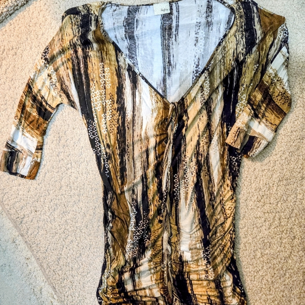 Daytrip Brown/Black/Ivory 3/4 Length Sleeve Ruche Sides & Tie Detail Size Large